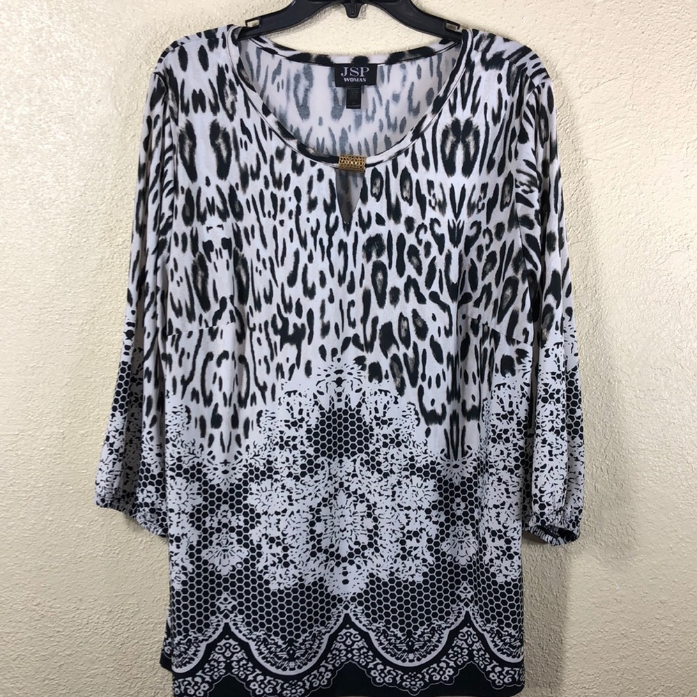 JSP Top Blouse Black Cream 1X Lace Animal Printed Design Pullover Stretchy